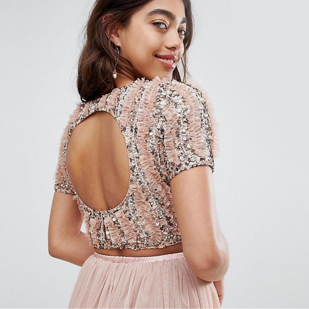 Lace & Beads Elegant Pink Sequin Women's Top